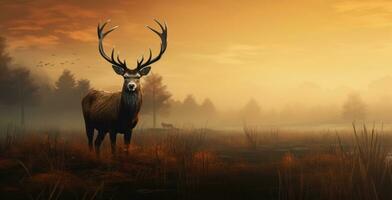 AI generated Mighty red deer standing in the savanna with dense fog in the morning, autumn theme photo