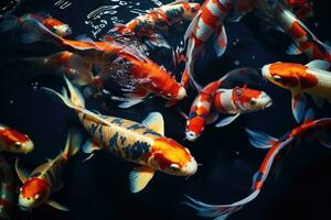 AI generated Group of Koi fish swim in a pond with clear water photo