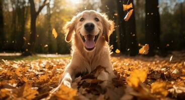 ai generado dorado perdiguero perro sentado en un pila de seco arce hojas, otoño tema concepto foto