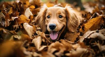 AI generated Golden retriever dog sitting on a pile of dry maple leaves, autumn theme concept photo