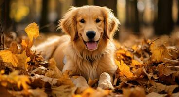 ai generado dorado perdiguero perro sentado en un pila de seco arce hojas, otoño tema concepto foto