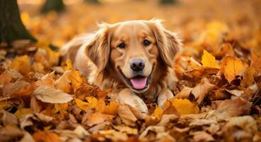 ai generado dorado perdiguero perro sentado en un pila de seco arce hojas, otoño tema concepto foto