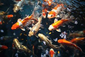 ai generado grupo de koi pescado nadar en un estanque con claro agua foto