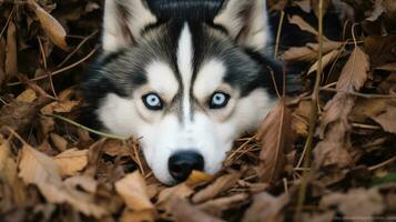 AI generated Siberian husky hiding behind dry leaves photo