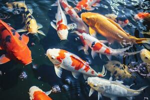 AI generated Group of Koi fish swim in a pond with clear water photo