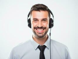 AI generated Half body photo of happy Caucasian call center worker with headphones standing with isolated white background