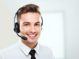 ai generado medio cuerpo foto de contento caucásico llamada centrar trabajador con auriculares en pie con aislado blanco antecedentes