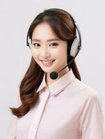 AI generated Beautiful smiling Korean call center worker with headphones standing with isolated white background photo