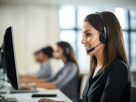 AI generated Happy Caucasian call center worker with headphones working in the office photo