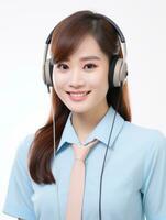 AI generated Beautiful smiling Korean call center worker with headphones standing with isolated white background photo