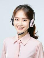 AI generated Beautiful smiling Korean call center worker with headphones standing with isolated white background photo