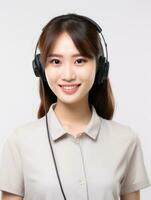 AI generated Beautiful smiling Korean call center worker with headphones standing with isolated white background photo