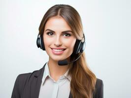 AI generated Half body photo of happy Caucasian call center worker with headphones standing with isolated white background