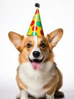 ai generado linda pembroke galés corgi perro vistiendo cumpleaños sombrero en pie frente a el cámara foto