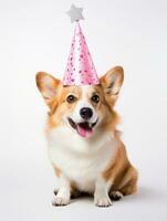 ai generado linda pembroke galés corgi perro vistiendo cumpleaños sombrero en pie frente a el cámara foto