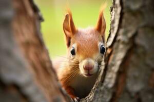 AI generated a cute squirrel peeks out of a tree hole photo