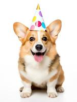 ai generado linda pembroke galés corgi perro vistiendo cumpleaños sombrero en pie frente a el cámara foto