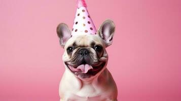 ai generado contento francés buldog vistiendo cumpleaños sombrero con rosado antecedentes foto