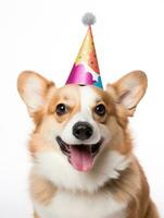 ai generado linda pembroke galés corgi perro vistiendo cumpleaños sombrero en pie frente a el cámara foto