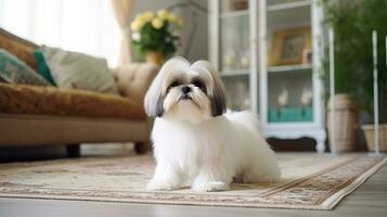 ai generado linda joven shih tzu perro sentado en alfombra y mirando a cámara foto