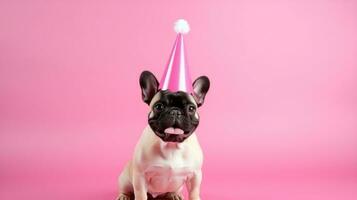 ai generado contento francés buldog vistiendo cumpleaños sombrero con rosado antecedentes foto