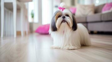 AI generated Cute Young Shih Tzu dog with long hair sitting on the room and looking at camera photo