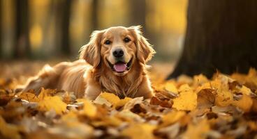 AI generated Golden retriever dog sitting on a pile of dry maple leaves, autumn theme concept photo