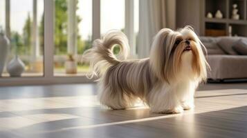 AI generated Cute Young Shih Tzu dog with long hair sitting on the room and looking at camera photo