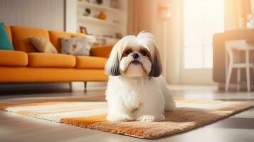 ai generado linda joven shih tzu perro sentado en alfombra y mirando a cámara foto