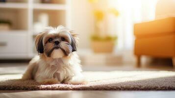 ai generado linda joven shih tzu perro sentado en alfombra y mirando a cámara foto