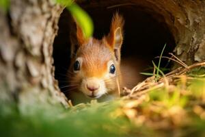 AI generated a cute squirrel peeks out of a tree hole photo