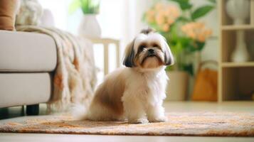 ai generado linda joven shih tzu perro sentado en alfombra y mirando a cámara foto