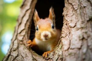 AI generated a cute squirrel peeks out of a tree hole photo