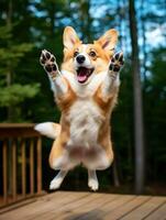 ai generado linda pembroke galés corgi perro saltando en el patio interior en un soleado día frente a el cámara foto