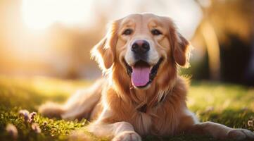 AI generated Golden retriever dog sitting on a pile of grass, spring theme concept photo