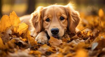 AI generated Golden retriever dog sitting on a pile of dry maple leaves, autumn theme concept photo