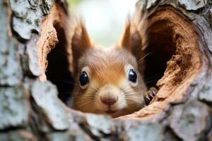 ai generado un linda ardilla asoma fuera de un árbol agujero foto