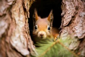 ai generado un linda ardilla asoma fuera de un árbol agujero foto