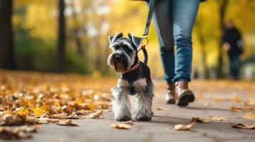 ai generado miniatura Schnauzer caminando en el parque con su propietario foto