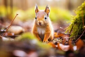 AI generated Spring scene with a cute red squirrel. Sciurus vulgaris. European squirrel sitting on the tree stump photo