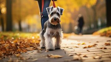 AI generated Miniature Schnauzer walking in the park with his owner photo