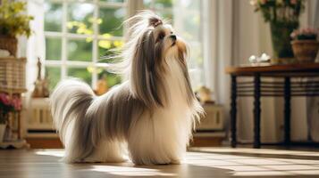 AI generated Cute Young Shih Tzu dog with long hair sitting on the room and looking at camera photo