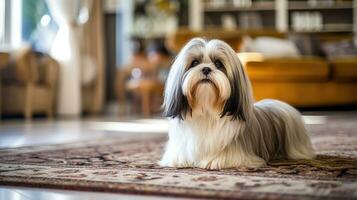 AI generated Cute Young Shih Tzu dog with long hair sitting on the room and looking at camera photo