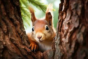 ai generado un linda ardilla asoma fuera de un árbol agujero foto