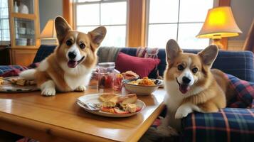 ai generado pembroke galés corgi perro es comiendo Pizza en el vivo habitación foto