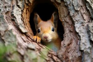 AI generated a cute squirrel peeks out of a tree hole photo