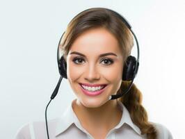 AI generated Half body photo of happy Caucasian call center worker with headphones standing with isolated white background