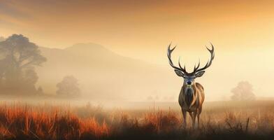 AI generated Mighty red deer standing in the savanna with dense fog in the morning, autumn theme photo