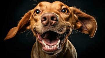 AI generated close up photo of happy Vizsla puppy sticking out tongue, isolated black background