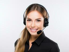 AI generated Half body photo of happy Caucasian call center worker with headphones standing with isolated white background